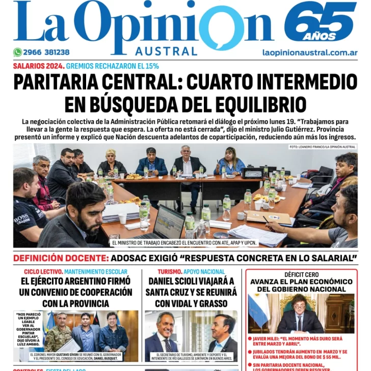 Diario La Opinión Austral tapa edición impresa del sábado 17 de febrero de 2024, Río Gallegos, Santa Cruz, Argentina