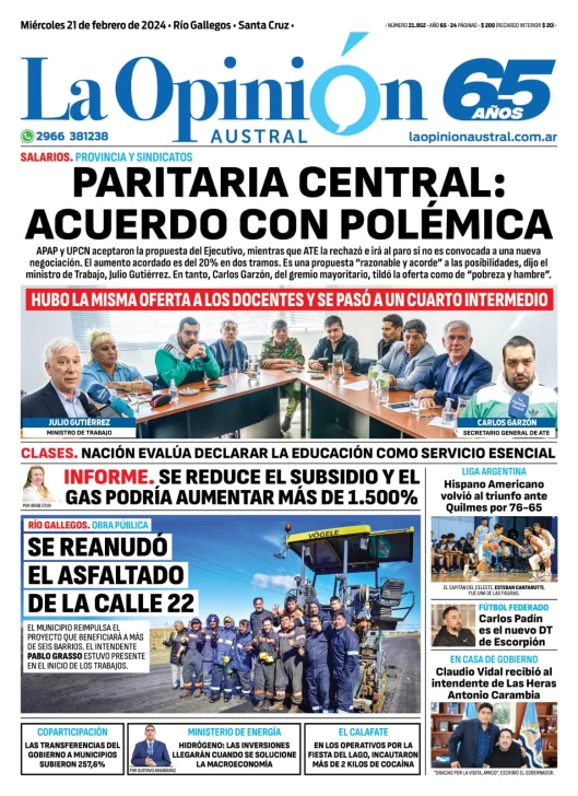 Diario La Opinión Austral tapa edición impresa del miércoles 21 de febrero de 2024, Río Gallegos, Santa Cruz, Argentina