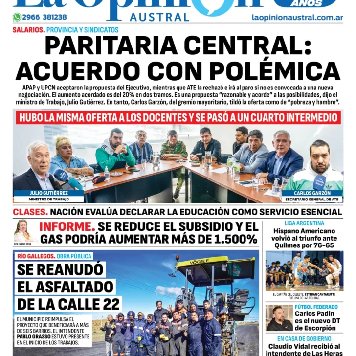 Diario La Opinión Austral tapa edición impresa del miércoles 21 de febrero de 2024, Río Gallegos, Santa Cruz, Argentina