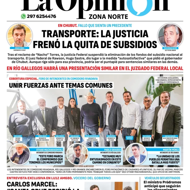 Diario La Opinión Zona Norte tapa edición impresa del viernes 23 de febrero de 2024, Caleta Olivia, Santa Cruz, Argentina Diario La Opinión Zona Norte tapa edición impresa del viernes 23 de febrero de 2024, Caleta Olivia, Santa Cruz, Argentina