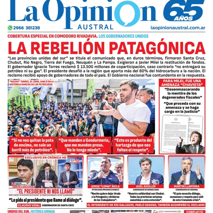 Diario La Opinión Austral tapa edición impresa del sábado 24 de febrero de 2024, Río Gallegos, Santa Cruz, Argentin