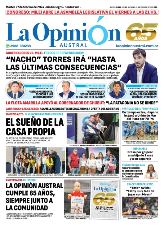 Diario La Opinión Austral tapa edición impresa del martes 27 de febrero de 2024, Río Gallegos, Santa Cruz, Argentina