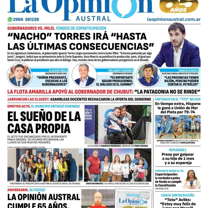 Diario La Opinión Austral tapa edición impresa del martes 27 de febrero de 2024, Río Gallegos, Santa Cruz, Argentina