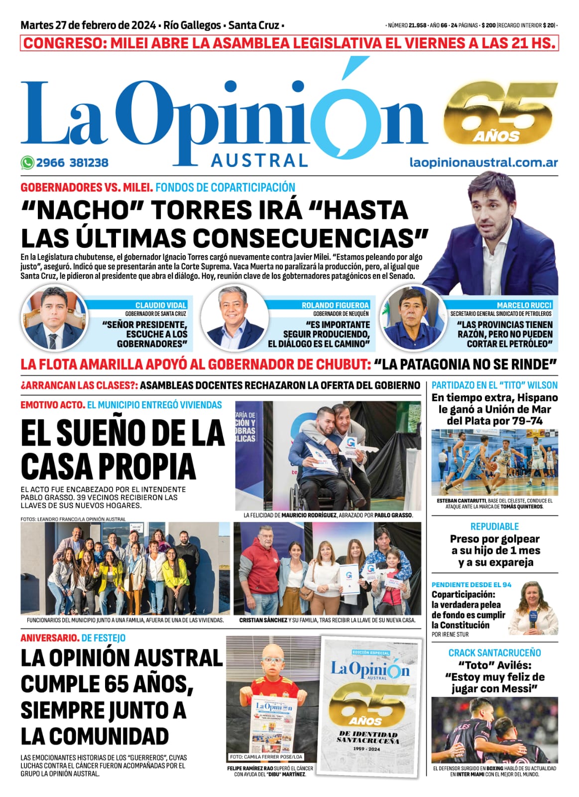 Diario La Opinión Austral tapa edición impresa del martes 27 de febrero de 2024, Río Gallegos, Santa Cruz, Argentina