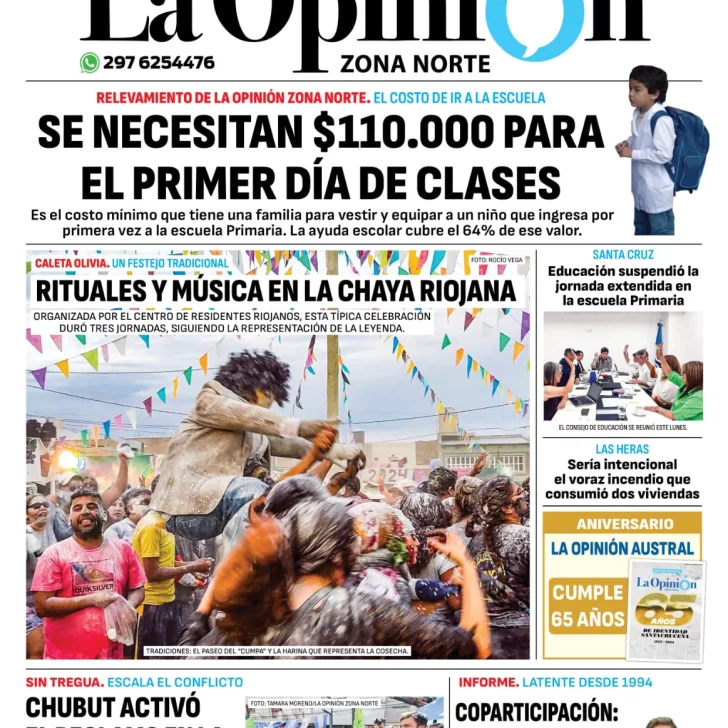 Diario La Opinión Zona Norte tapa edición impresa del martes 27 de febrero de 2024, Caleta Olivia, Santa Cruz, Argentina Diario La Opinión Zona Norte tapa edición impresa del martes 27 de febrero de 2024, Caleta Olivia, Santa Cruz, Argentina