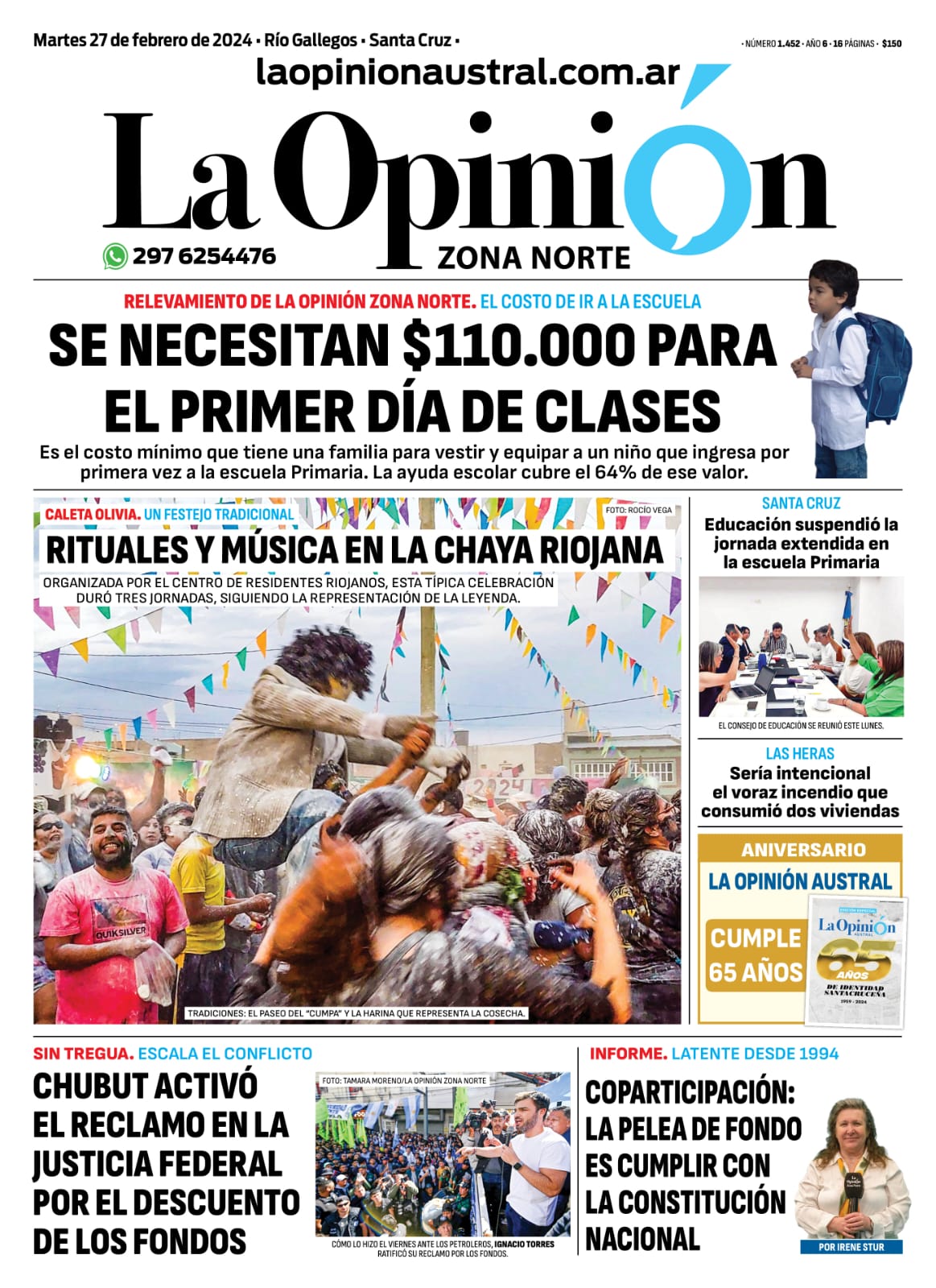 Diario La Opinión Zona Norte tapa edición impresa del martes 27 de febrero de 2024, Caleta Olivia, Santa Cruz, Argentina Diario La Opinión Zona Norte tapa edición impresa del martes 27 de febrero de 2024, Caleta Olivia, Santa Cruz, Argentina
