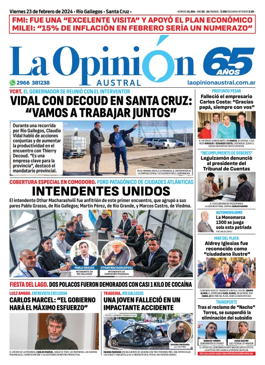 Diario La Opinión Austral tapa edición impresa del viernes 23 de febrero de 2024, Río Gallegos, Santa Cruz, Argentin