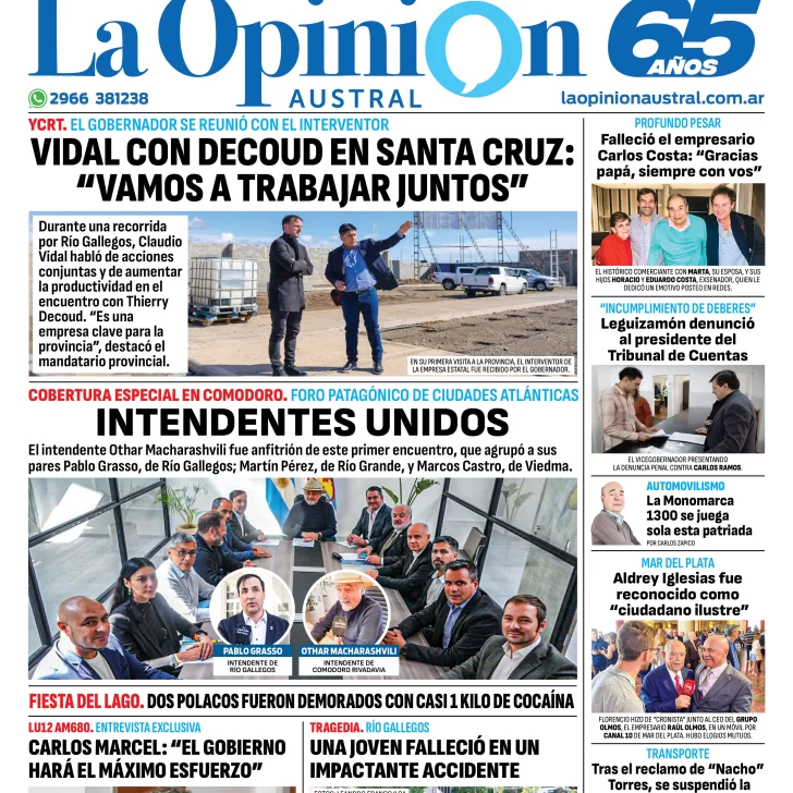 Diario La Opinión Austral tapa edición impresa del viernes 23 de febrero de 2024, Río Gallegos, Santa Cruz, Argentin