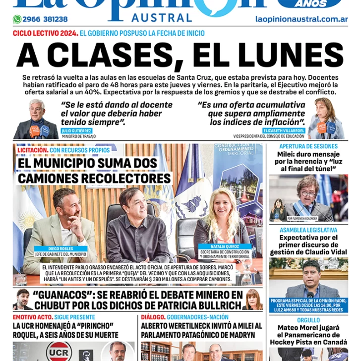 Diario La Opinión Austral tapa edición impresa del jueves 29 de febrero de 2024, Río Gallegos, Santa Cruz, Argentina