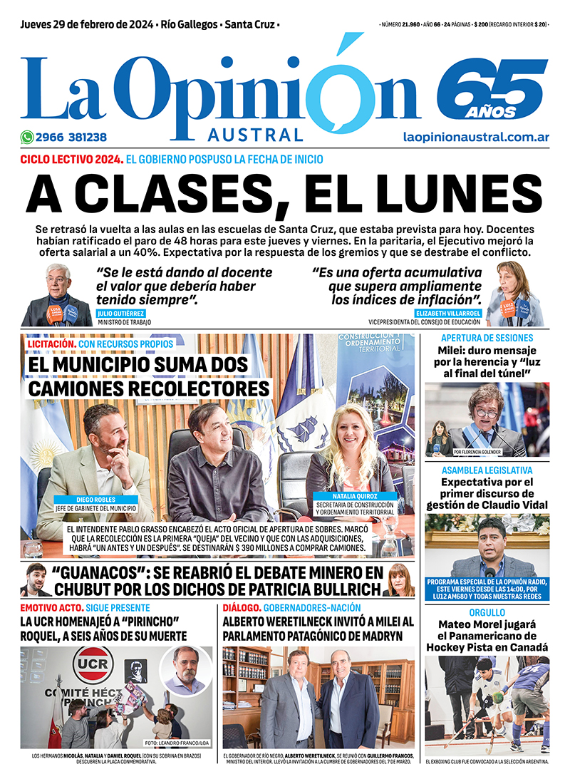 Diario La Opinión Austral tapa edición impresa del jueves 29 de febrero de 2024, Río Gallegos, Santa Cruz, Argentina