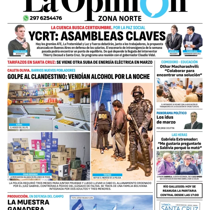 Diario La Opinión Zona Norte tapa edición impresa del lunes 19 de febrero de 2024, Caleta Olivia, Santa Cruz, Argentina Diario La Opinión Zona Norte tapa edición impresa del lunes 19 de febrero de 2024, Caleta Olivia, Santa Cruz, Argentina