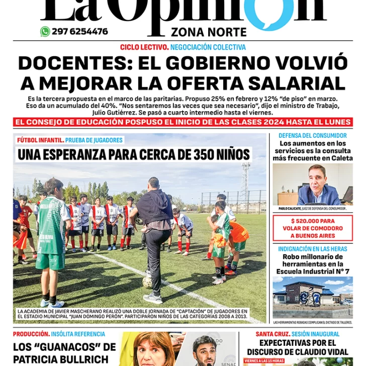 Diario La Opinión Zona Norte tapa edición impresa del jueves 29 de febrero de 2024, Caleta Olivia, Santa Cruz, Argentina Diario La Opinión Zona Norte tapa edición impresa del jueves 29 de febrero de 2024, Caleta Olivia, Santa Cruz, Argentina