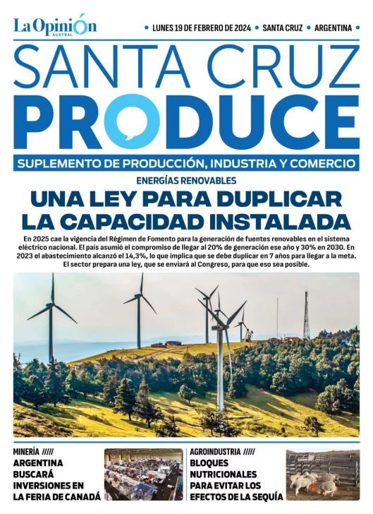 Tapa Suplemento especial de Santa Cruz Produce: Energías renovables, una ley para duplicar la capacidad instalada