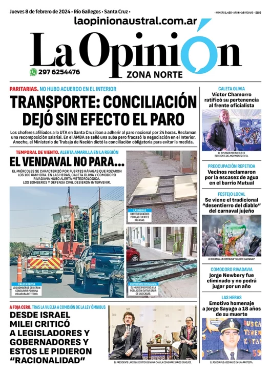 Diario La Opinión Zona Norte tapa edición impresa del jueves 8 de febrero de 2024, Caleta Olivia, Santa Cruz, Argentina
