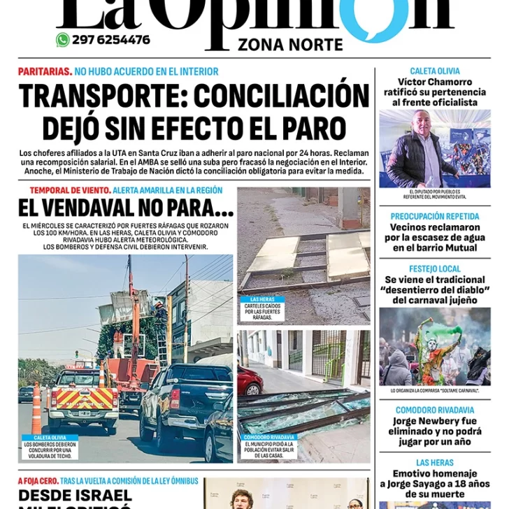 Diario La Opinión Zona Norte tapa edición impresa del jueves 8 de febrero de 2024, Caleta Olivia, Santa Cruz, Argentina