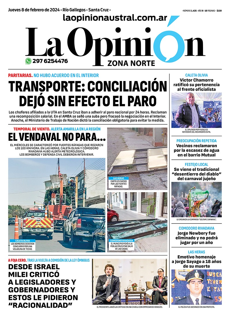 Diario La Opinión Zona Norte tapa edición impresa del jueves 8 de febrero de 2024, Caleta Olivia, Santa Cruz, Argentina
