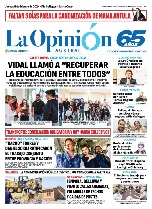 Diario La Opinión Austral tapa edición impresa del jueves 8 de febrero de 2024, Río Gallegos, Santa Cruz, Argentina