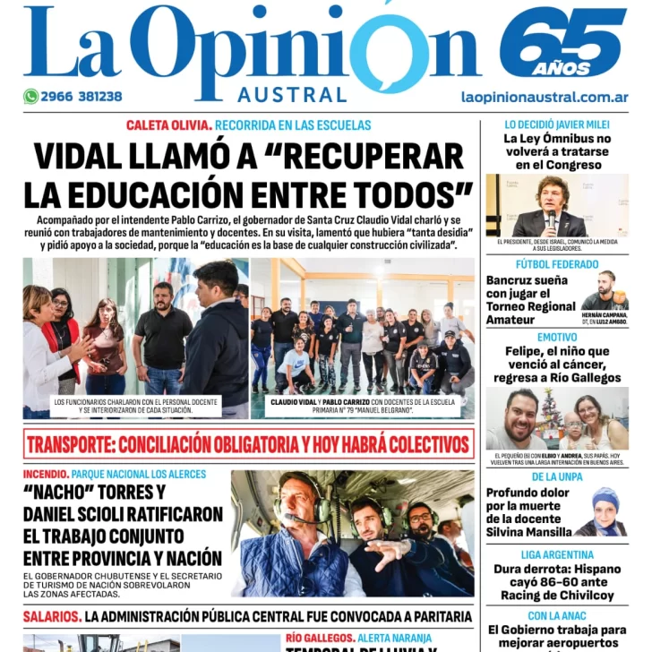 Diario La Opinión Austral tapa edición impresa del jueves 8 de febrero de 2024, Río Gallegos, Santa Cruz, Argentina