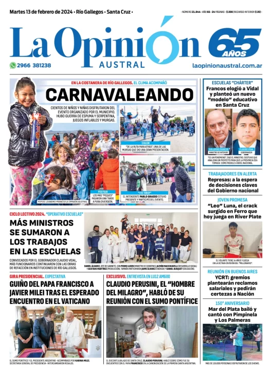 Diario La Opinión Austral tapa edición impresa del martes 13 de febrero de 2024, Río Gallegos, Santa Cruz, Argentina