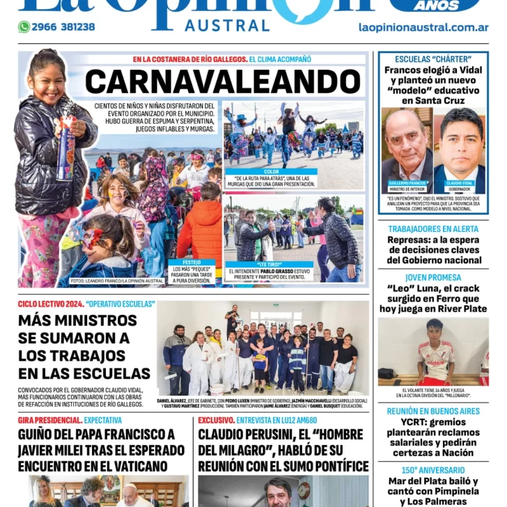 Diario La Opinión Austral tapa edición impresa del martes 13 de febrero de 2024, Río Gallegos, Santa Cruz, Argentina