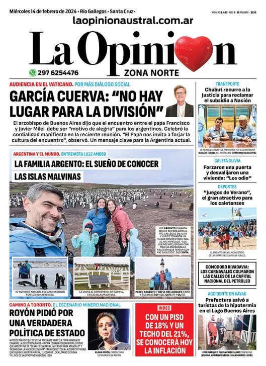Diario La Opinión Zona Norte tapa edición impresa del miércoles 14 de febrero de 2024, Caleta Olivia, Santa Cruz, Argentina