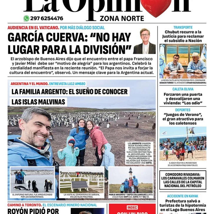 Diario La Opinión Zona Norte tapa edición impresa del miércoles 14 de febrero de 2024, Caleta Olivia, Santa Cruz, Argentina Diario La Opinión Zona Norte tapa edición impresa del miércoles 14 de febrero de 2024, Caleta Olivia, Santa Cruz, Argentina