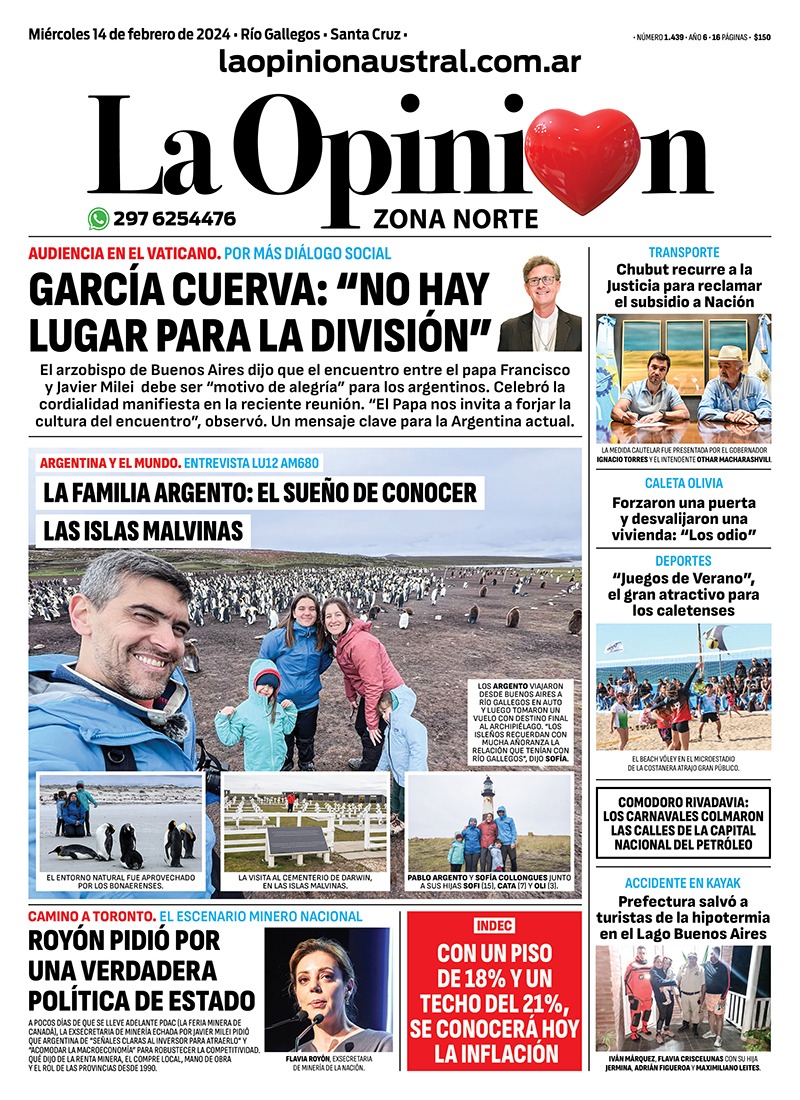 Diario La Opinión Zona Norte tapa edición impresa del miércoles 14 de febrero de 2024, Caleta Olivia, Santa Cruz, Argentina Diario La Opinión Zona Norte tapa edición impresa del miércoles 14 de febrero de 2024, Caleta Olivia, Santa Cruz, Argentina