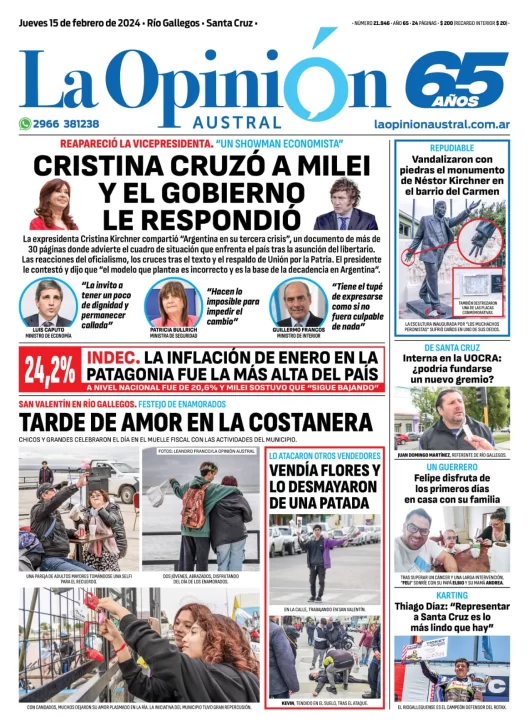 Diario La Opinión Austral tapa edición impresa del jueves 15 de febrero de 2024, Río Gallegos, Santa Cruz, Argentina