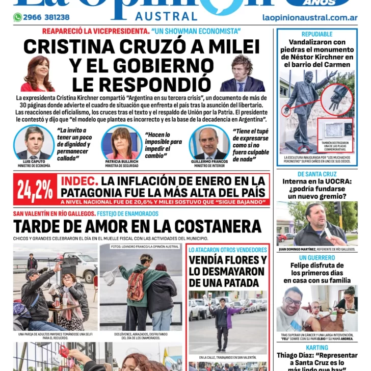 Diario La Opinión Austral tapa edición impresa del jueves 15 de febrero de 2024, Río Gallegos, Santa Cruz, Argentina