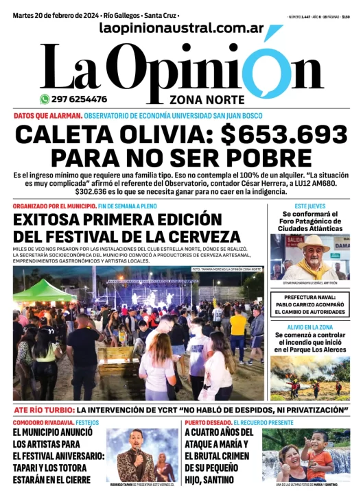 Diario La Opinión Zona Norte tapa edición impresa del martes 20 de febrero de 2024, Caleta Olivia, Santa Cruz, Argentina