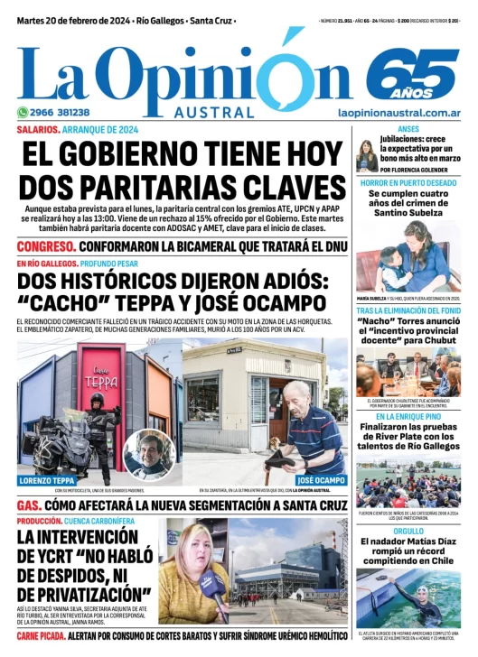 Diario La Opinión Austral tapa edición impresa del martes 20 de febrero de 2024, Río Gallegos, Santa Cruz, Argentina