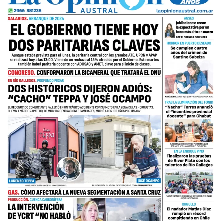 Diario La Opinión Austral tapa edición impresa del martes 20 de febrero de 2024, Río Gallegos, Santa Cruz, Argentina