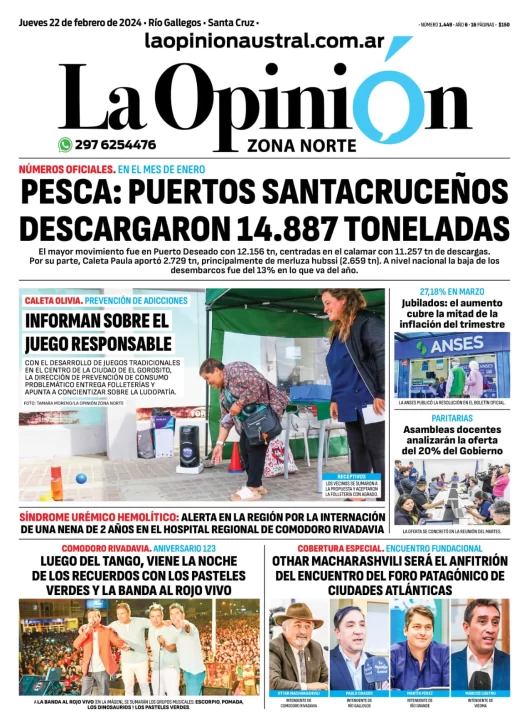 Diario La Opinión Zona Norte tapa edición impresa del jueves 22 de febrero de 2024, Caleta Olivia, Santa Cruz, Argentina