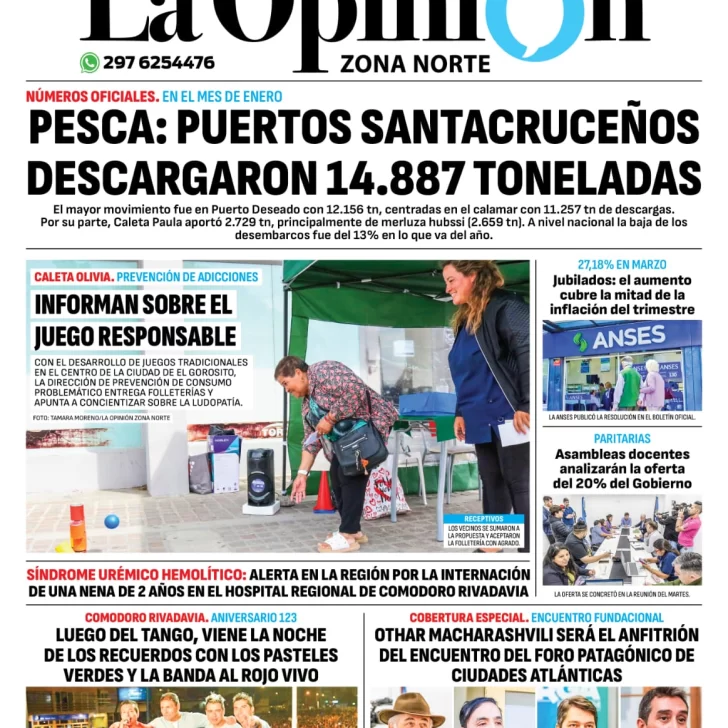 Diario La Opinión Zona Norte tapa edición impresa del jueves 22 de febrero de 2024, Caleta Olivia, Santa Cruz, Argentina