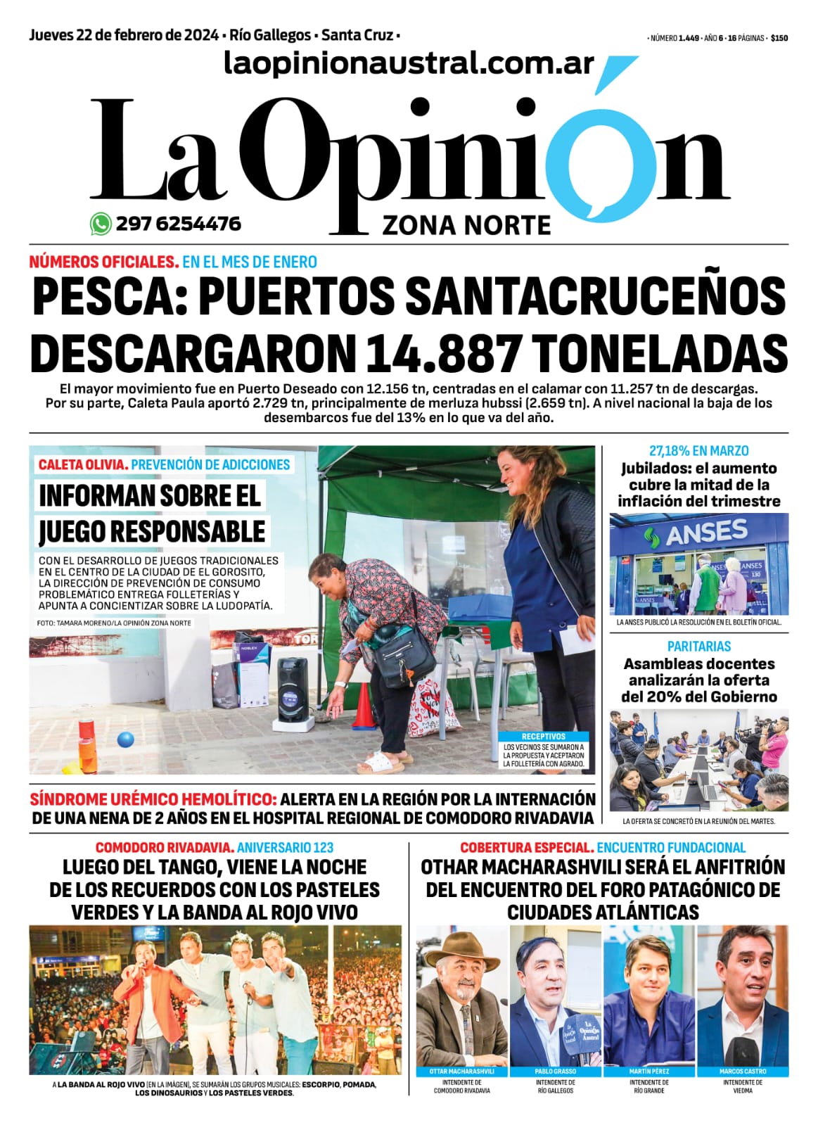 Diario La Opinión Zona Norte tapa edición impresa del jueves 22 de febrero de 2024, Caleta Olivia, Santa Cruz, Argentina