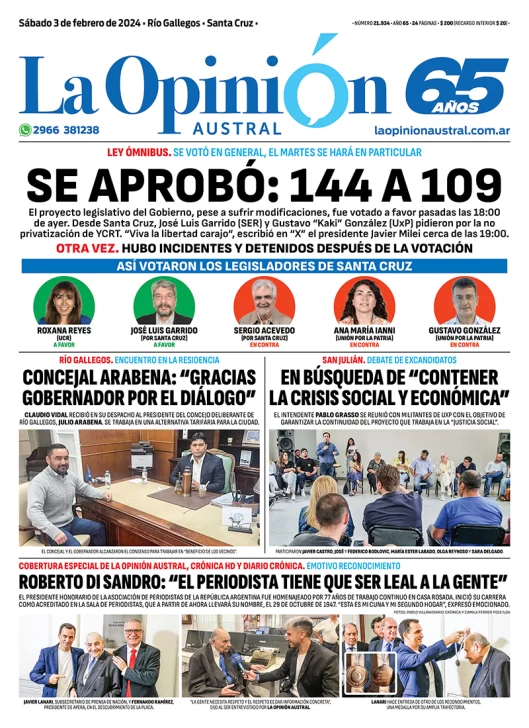 Diario La Opinión Austral tapa edición impresa del sábado 3 de febrero de 2024, Río Gallegos, Santa Cruz, Argentina