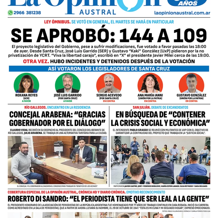 Diario La Opinión Austral tapa edición impresa del sábado 3 de febrero de 2024, Río Gallegos, Santa Cruz, Argentina