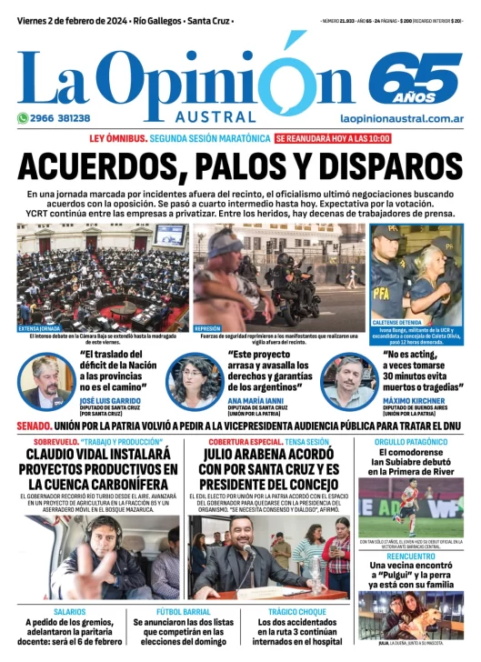 Diario La Opinión Austral tapa edición impresa del viernes 2 de febrero de 2024, Río Gallegos, Santa Cruz, Argentina