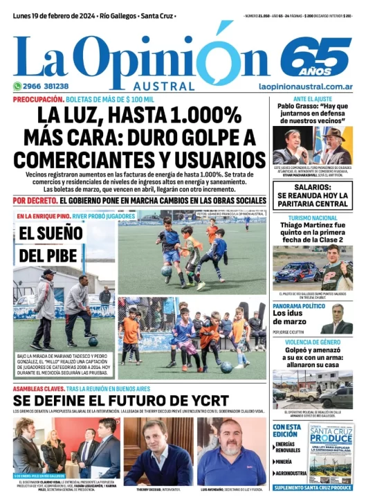 Diario La Opinión Austral tapa edición impresa del lunes 19 de febrero de 2024, Río Gallegos, Santa Cruz, Argentina