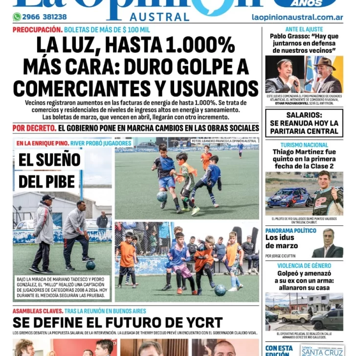 Diario La Opinión Austral tapa edición impresa del lunes 19 de febrero de 2024, Río Gallegos, Santa Cruz, Argentina