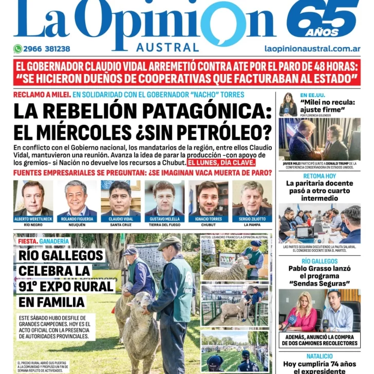 Diario La Opinión Austral tapa edición impresa del domingo 25 de febrero de 2024, Río Gallegos, Santa Cruz, Argentina