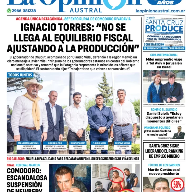 Diario La Opinión Austral tapa edición impresa del lunes 5 de febrero de 2024, Río Gallegos, Santa Cruz, Argentina