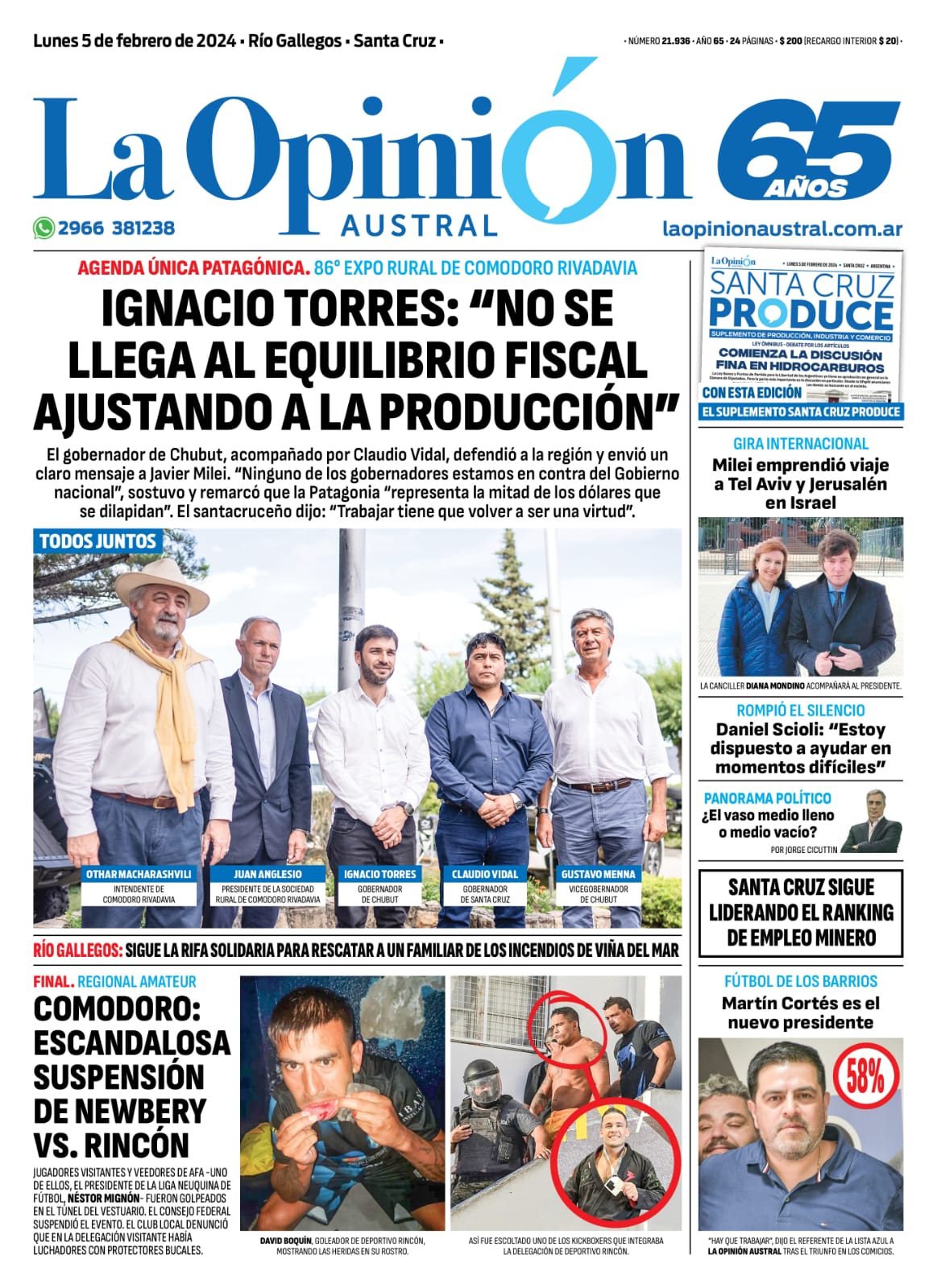 Diario La Opinión Austral tapa edición impresa del lunes 5 de febrero de 2024, Río Gallegos, Santa Cruz, Argentina