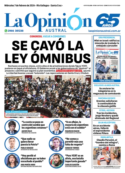 Diario La Opinión Austral tapa edición impresa del miércoles 7 de febrero de 2024, Río Gallegos, Santa Cruz, Argentina