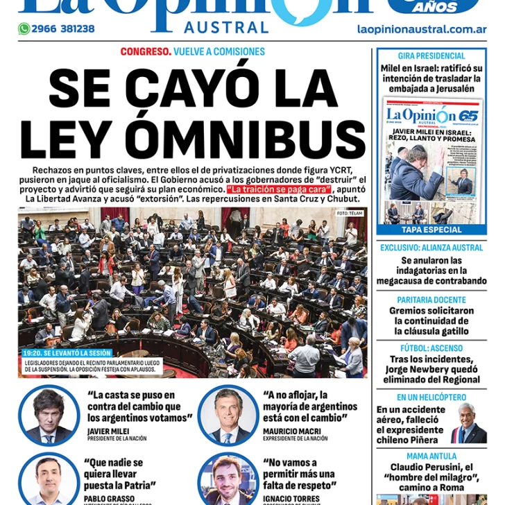 Diario La Opinión Austral tapa edición impresa del miércoles 7 de febrero de 2024, Río Gallegos, Santa Cruz, Argentina