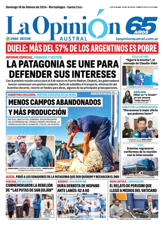 Diario La Opinión Austral tapa edición impresa del domingo 18 de febrero de 2024, Río Gallegos, Santa Cruz, Argentina