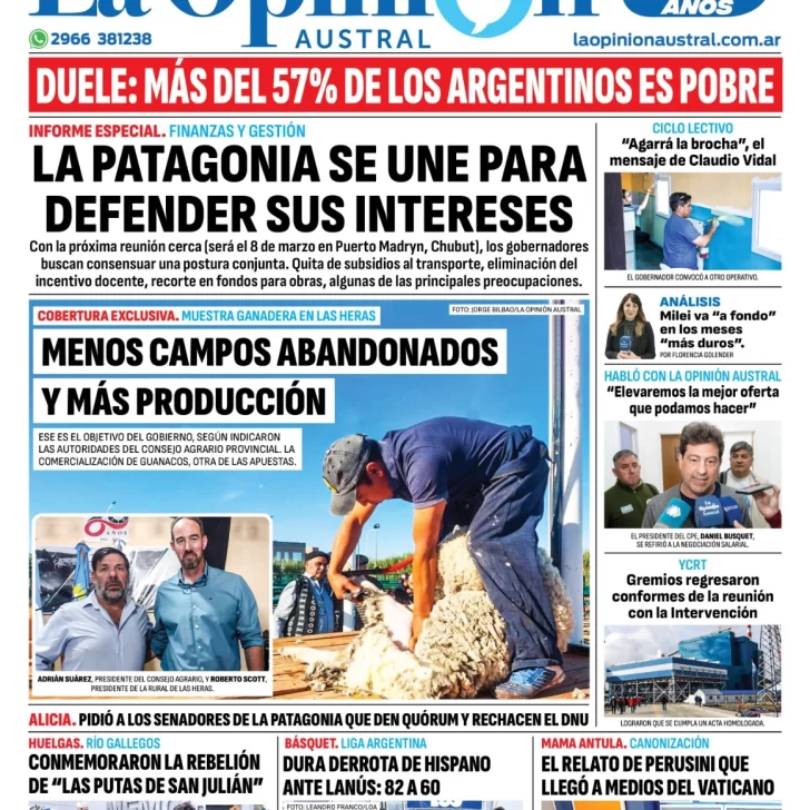 Diario La Opinión Austral tapa edición impresa del domingo 18 de febrero de 2024, Río Gallegos, Santa Cruz, Argentina