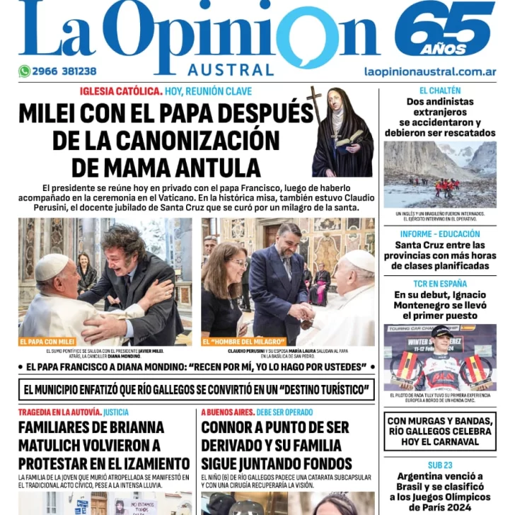 Diario La Opinión Austral tapa edición impresa del lunes 12 de febrero de 2024, Río Gallegos, Santa Cruz, Argentina