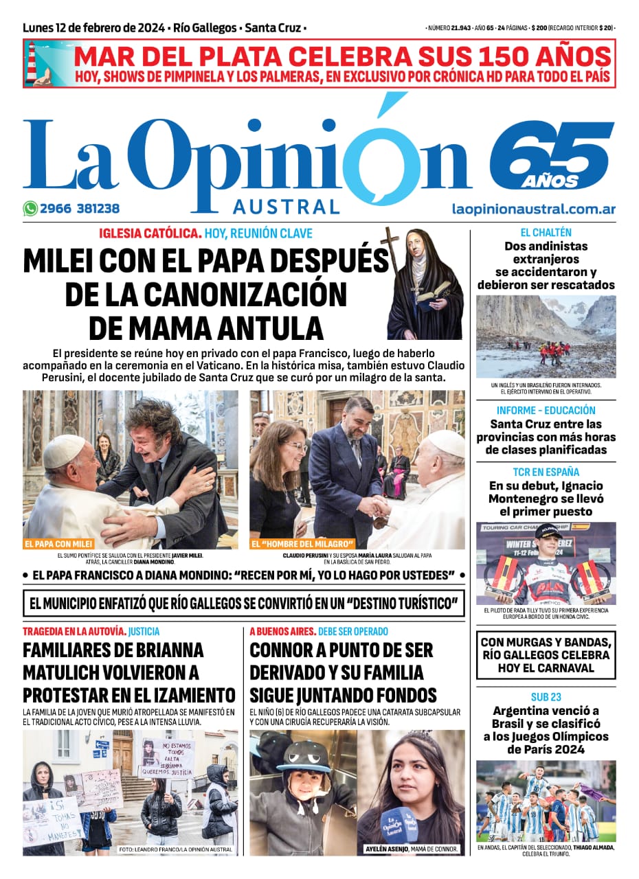 Diario La Opinión Austral tapa edición impresa del lunes 12 de febrero de 2024, Río Gallegos, Santa Cruz, Argentina