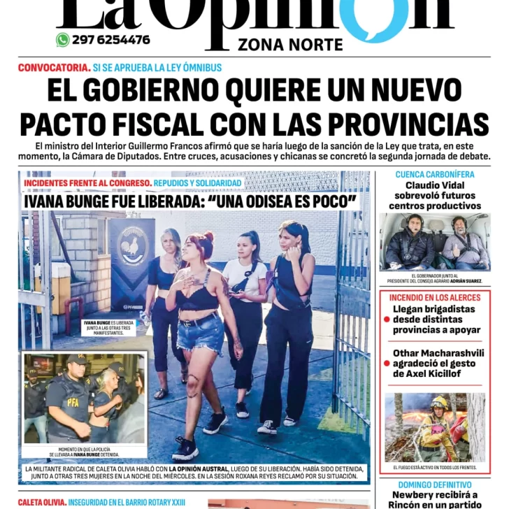 Diario La Opinión Zona Norte tapa edición impresa del viernes 2 de febrero de 2024, Caleta Olivia, Santa Cruz, Argentina Diario La Opinión Zona Norte tapa edición impresa del viernes 2 de febrero de 2024, Caleta Olivia, Santa Cruz, Argentina